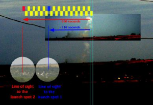 According to the calculations performed by Michael Kobs, the origin of the white trail would be in the left circle, taken into account a time of 16:22:40 the photograper took his first plume photo. Obviously this site is far more to the left than the alleged origin of the launch, the spot where the black smokes touches ground level.