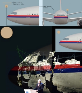 Criticism to the detonation point the DSB found, the sun shaped circles in the images. German engineer Ole suggests the detonation point would lie closer towards the plane (point of intersection of green lines, drawn along the direction of various penetration.